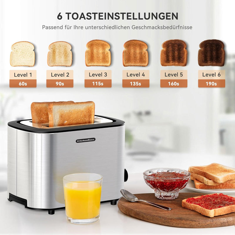 KitchenBoss Toaster 2 Scheiben：Toaster mit Brötchenaufsatz und Krümelschublade, 6 Bräunungsstufen, T