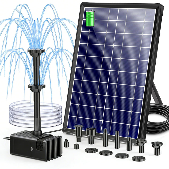 Biling Solar Teichpumpe mit Akku, 8W 300 l/h Leise Solarpumpe mit 8Düsen, Solar Springbrunnen aussen