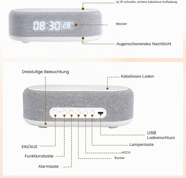 4 In1 Smart Wecker, Digitaler Tischwecker mit Licht und Ladestation, Radiowecker mit Ladefunktion &