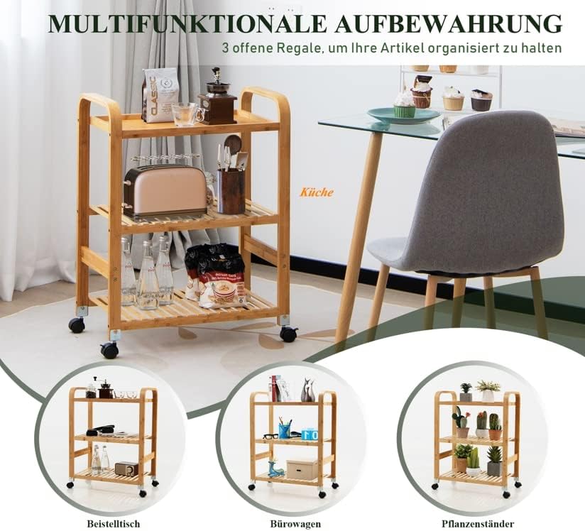 GOPLUS Bambus-Küchenwagen mit Abnehmbaren Rädern, 3-stöckiger Sevierwagen mit Griff, Multifunktional