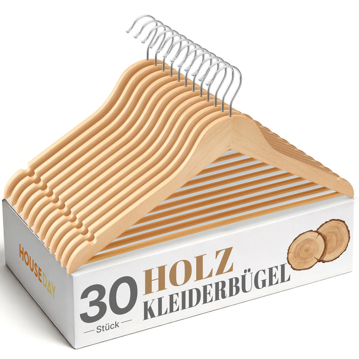 HOUSE DAY Kleiderbügel Holz 30er Set, Hochwertige Holz kleiderbügel Natur | Belastbare Garderobenbüg