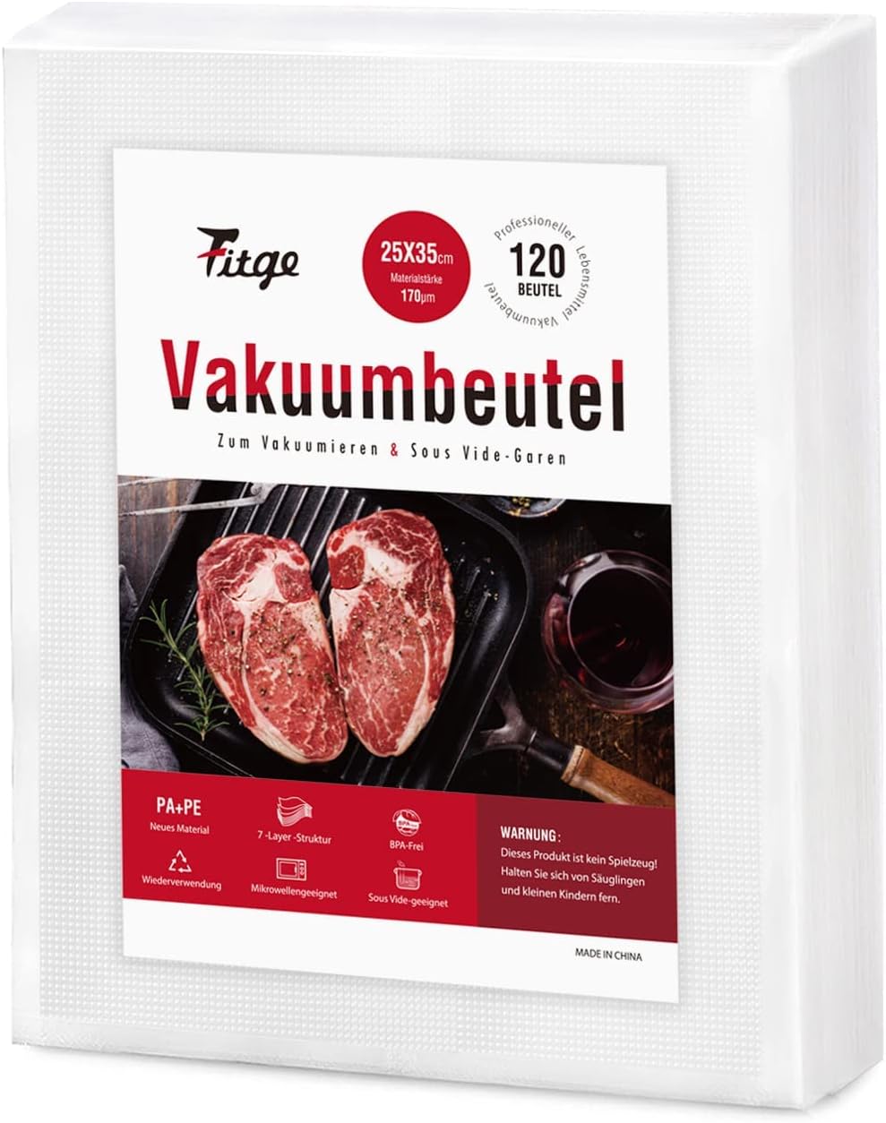 Fitge Vakuumierbeutel 170µm 25x35cm 120 Beutel für alle Vakuumiergeräte Vakuumbeutel für Lebensmitte