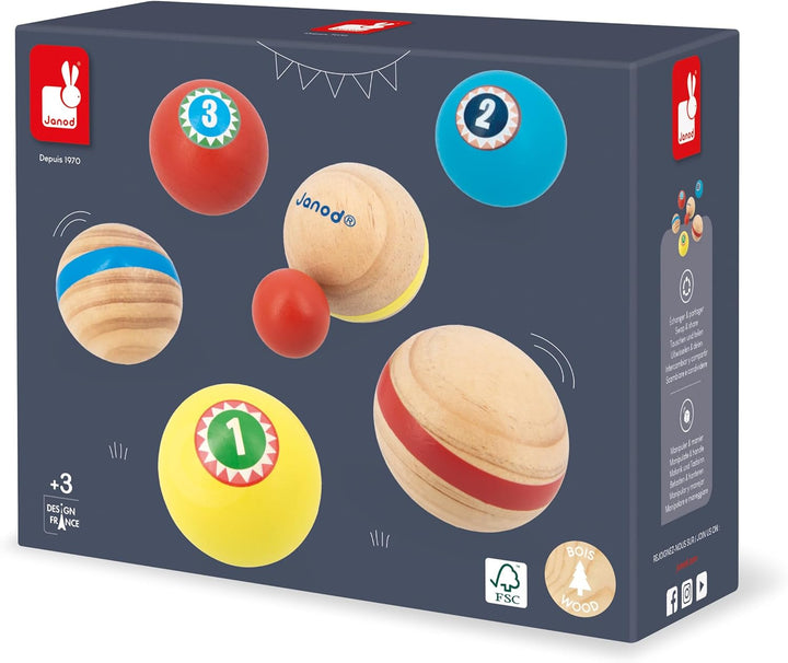 Janod - Pétanque-Spiel für Kinder Applepop - Geschicklichkeitsspiel - 6 Pétanque-Kugeln + 1 Zielkuge