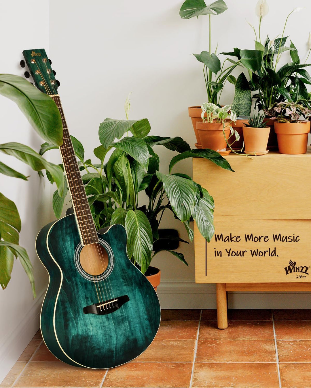 Winzz Akustikgitarre Blau-grün, Westerngitarre 40 Zoll, Gitarre Anfänger Set mit Gitarrenständer, Gi
