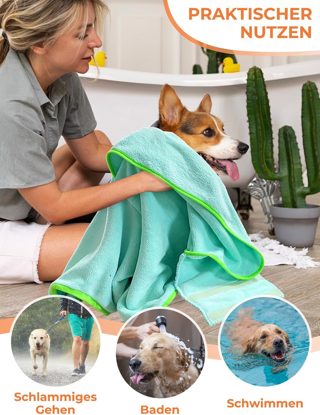 Hundebademantel Schnell Trocknend Badetuch aus Mikrofaser, Bibykivn Einstellbar Hundehandtuch mit Kl