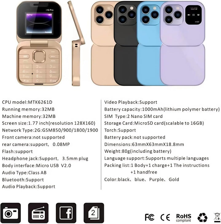 Cuifati 2G-Klapphandy, Dual-Bildschirm, Grosse Tasten und HD-Kamera, LED-Taschenlampe, UKW-Radio, Mu