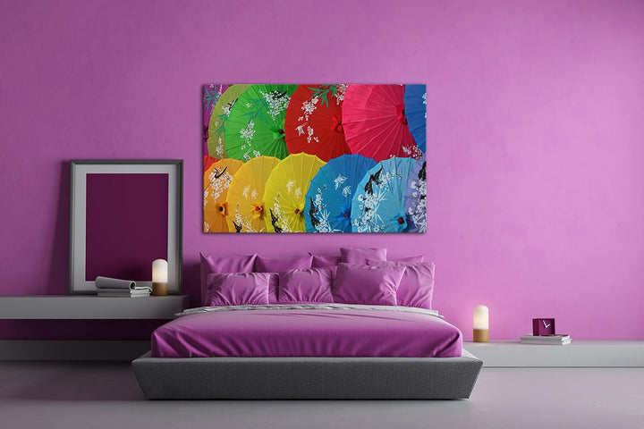 deyoli bunte Regenschirme aus China Format: 80x60 als Leinwand, Motiv fertig gerahmt auf Echtholzrah