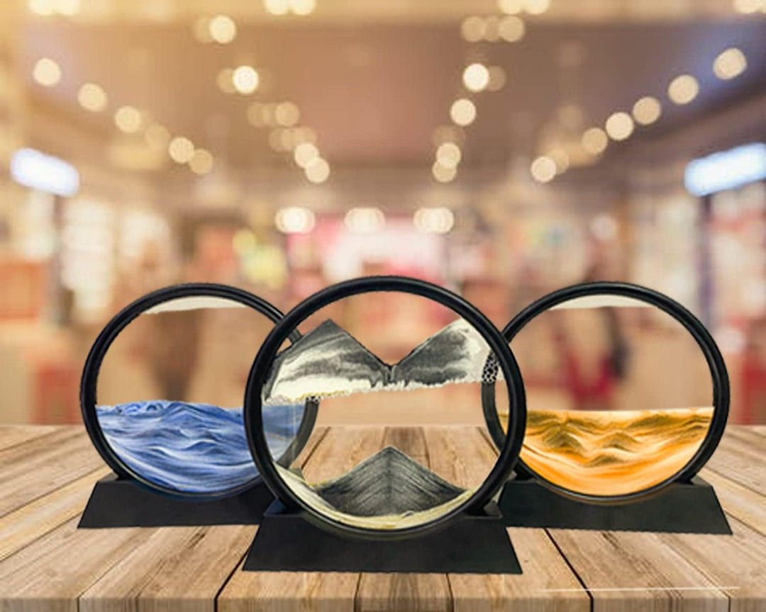 Dynamisch 3D Sandbilder zum Drehen, Fliessende Sandmalerei runder Glas Rahmen, Bewegtes Sandbild Nat