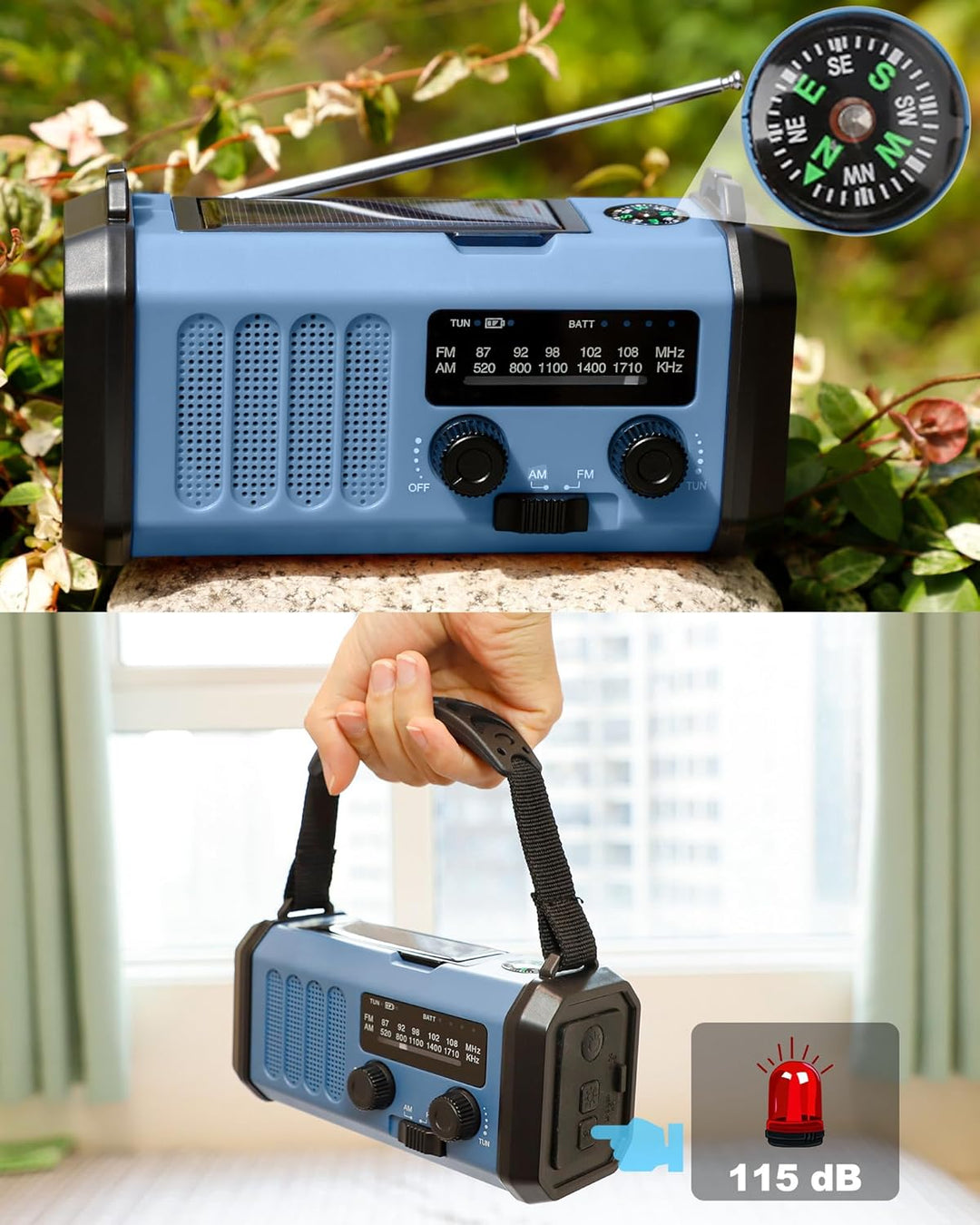 10000mAh Tragbare Solar Kurbelradio, Dynamo Weltempfänger Notradio mit AM FM Radio, Aufladbar Powerb