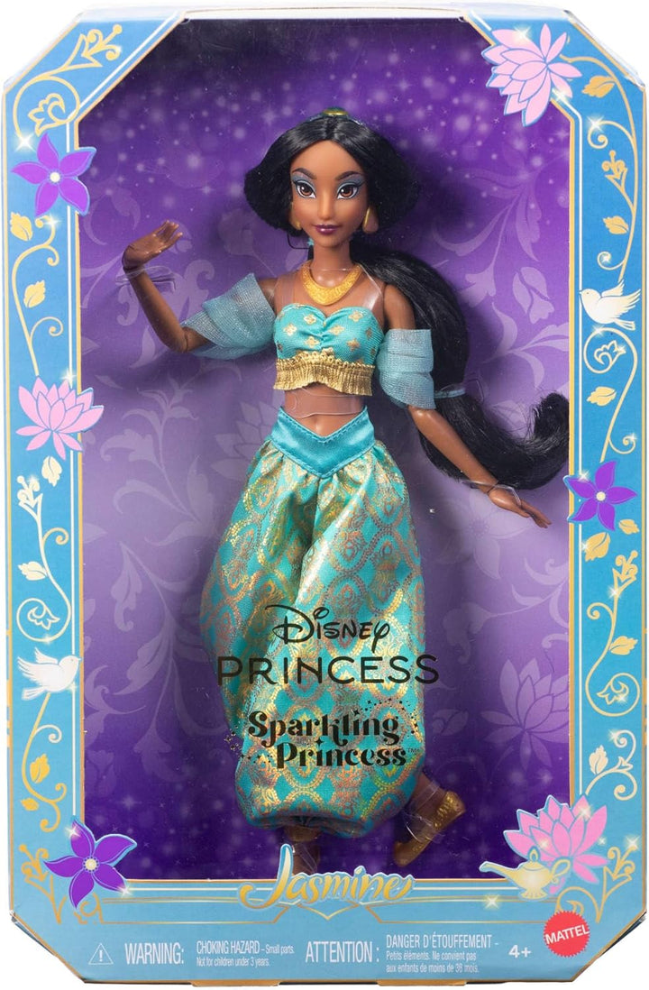 Mattel Disney Princess Glitzerprinzessin Jasmin Modepuppe mit Zubehörteilen, mit abnehmbarem Outfit,