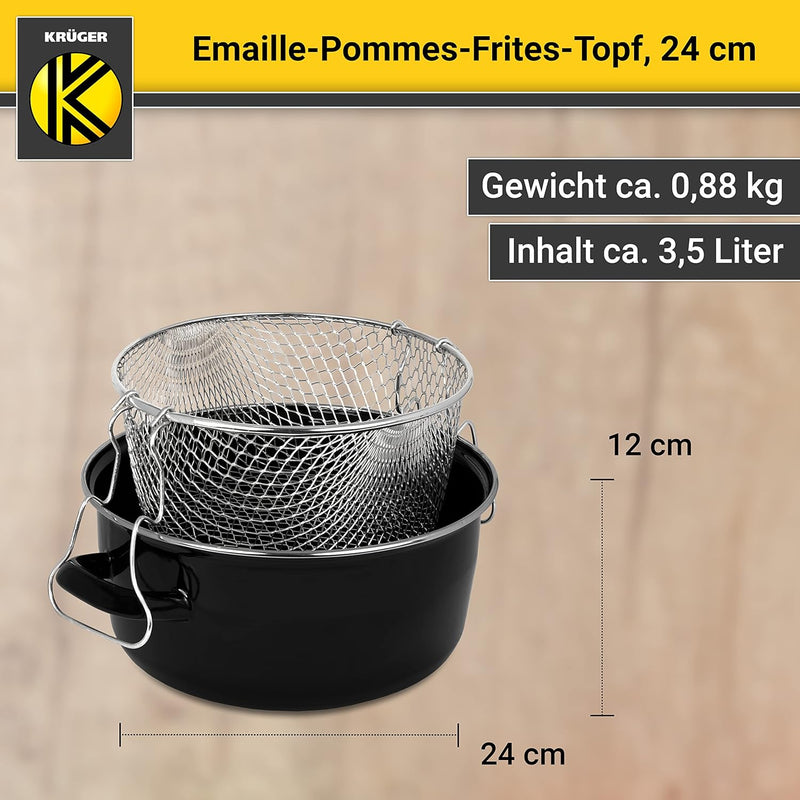 Krüger Emaille-Pommes-Frites-Topf mit Chromrand und Siebeinsatz - 24cm - perfekte Wärmeleitung - Top