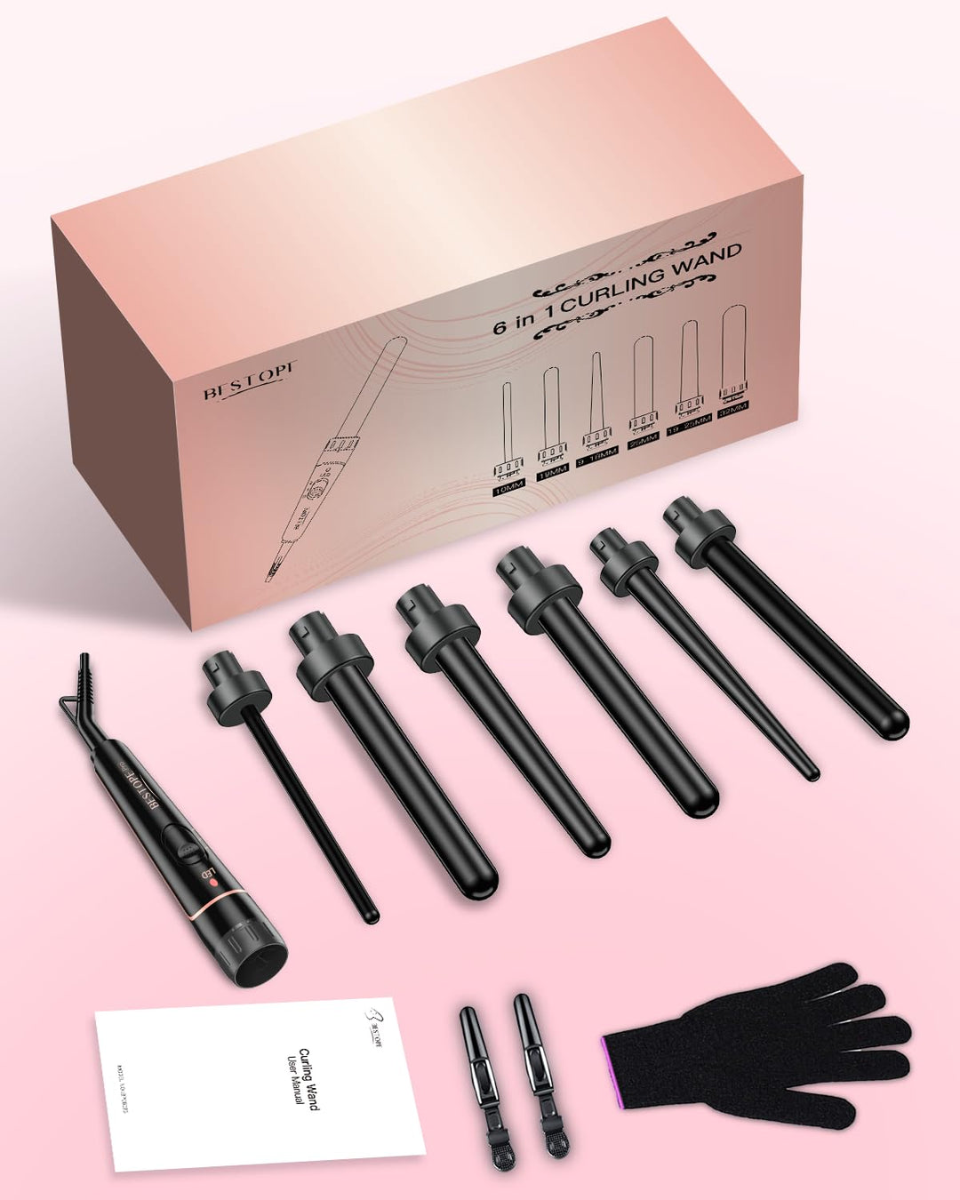 Lockenstab Grosse und Kleine Locken Set - 6 in 1 Mit Verschiedenen Aufsätzen Antistatische Keramik T