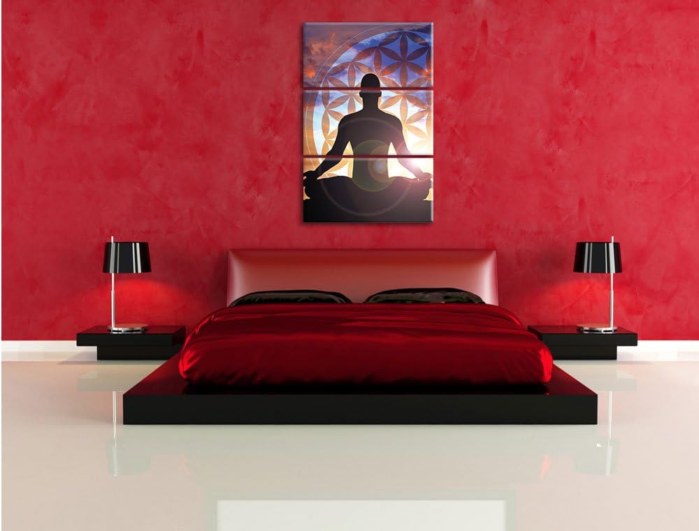 Pixxprint Meditierender Mensch Blume des Lebens 3-Teiler Leinwandbild 120x80 Bild auf Leinwand