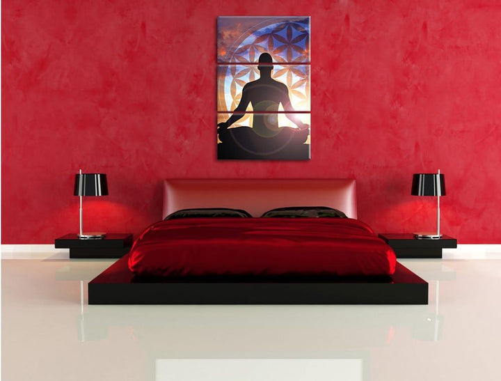 Pixxprint Meditierender Mensch Blume des Lebens 3-Teiler Leinwandbild 120x80 Bild auf Leinwand