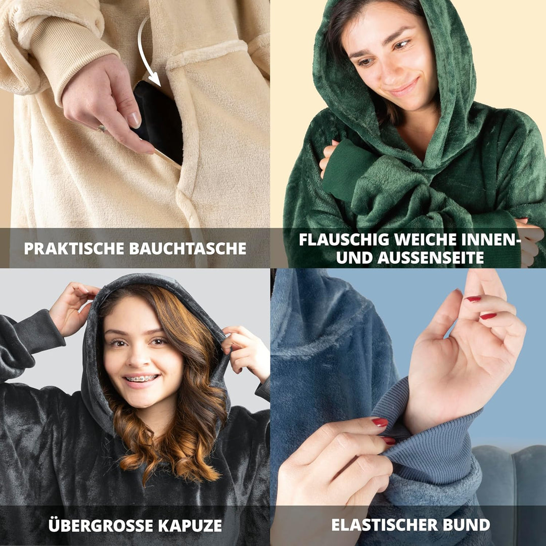 Walser Kuschelpullover, Snuggle Hoodie Decke mit Ärmeln und Kapuze, Oversize Hoodie Damen flauschig,