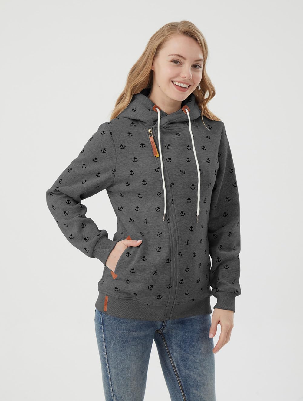 Newbestyle Jacke Damen Sweatjacke Vicky Zip Hoodie Dunkelgrau Gedruckt L, Dunkelgrau Gedruckt L