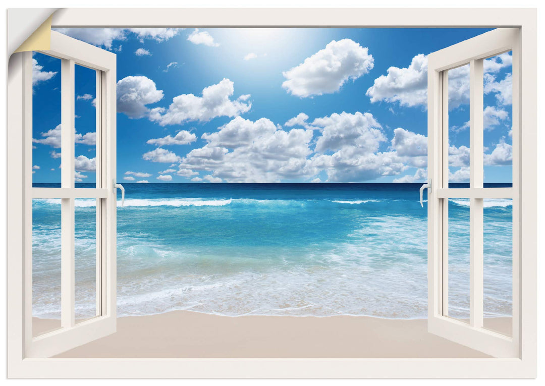 ARTland Wandbild selbstklebend Vinylfolie 100x70 cm Fensterblick Fenster Strand Meer Maritim Karibik