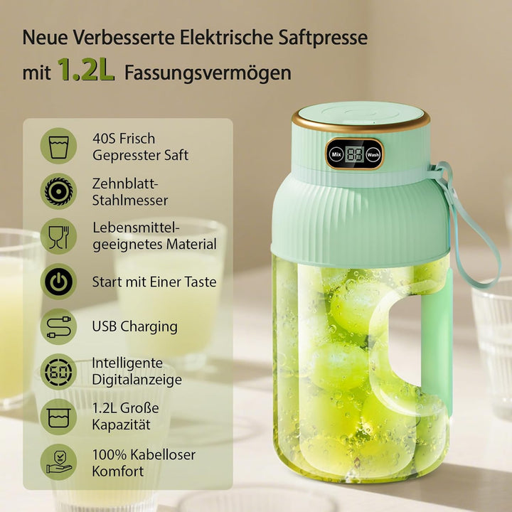 【Upgraded】Fine Life Pro Wiederaufladbarer Elektrischer Entsafter, 1200ML Tragbarer Mixer für Gemüse&