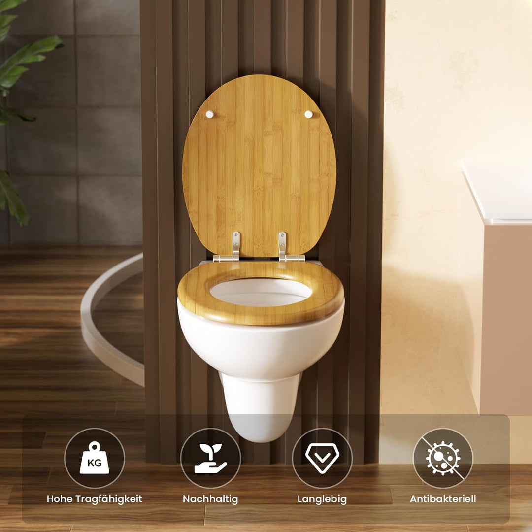 Toilettendeckel mit Absenkautomatik Holz - WC Sitz Bambus O-förmiger MDF Klodeckel Antibakterieller