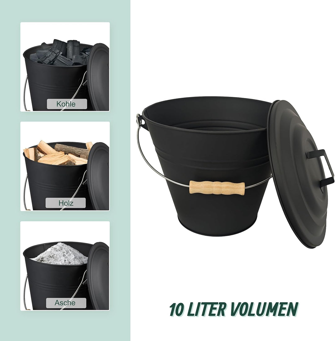 Relaxdays Ascheeimer mit Deckel, 10 Liter, inkl. Aschebesen & Kaminschaufel, Aschebehälter mit Henke