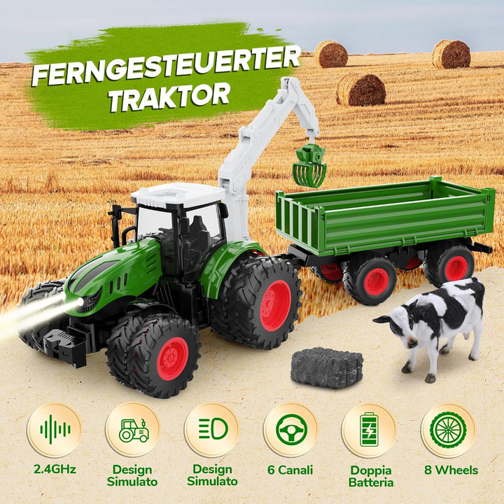 Ferngesteuerter Traktor Ferngesteuert, 2.4GHz RC Traktor Spielzeug, 1:16 Traktor mit Anhänger und Li