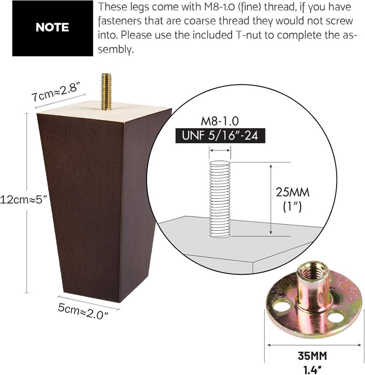 La Vane 4 Stück Möbelfüsse aus Massivholz - 12cm Höhe, Walnuss, Pyramidenform mit M8 Gewindebolzen &amp;