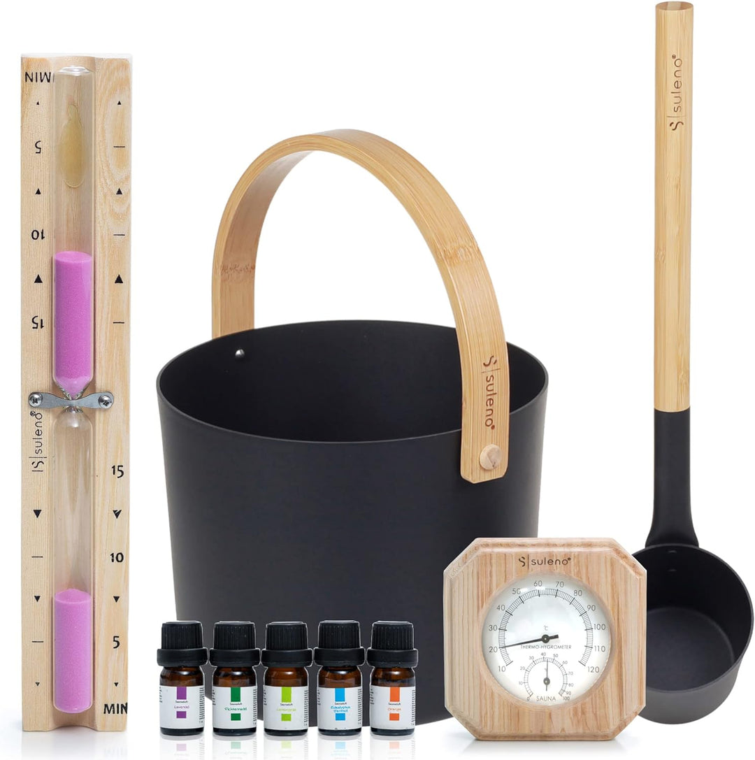 SULENO - Sauna Set KJELL 2 | 9-teilig - Saunakübel, Saunakelle, Klimamesser 2in1, Sanduhr, Saunadüft