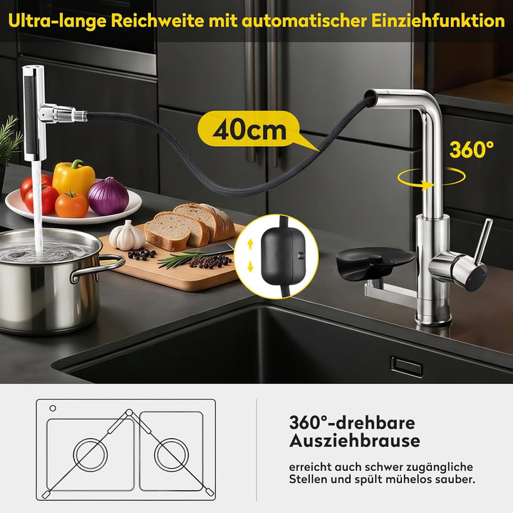 JONKEAN Hochdruck Küchenarmatur mit Brause, Armatur Küche mit Gläserspüler, 360° Drehbar Mischbatter