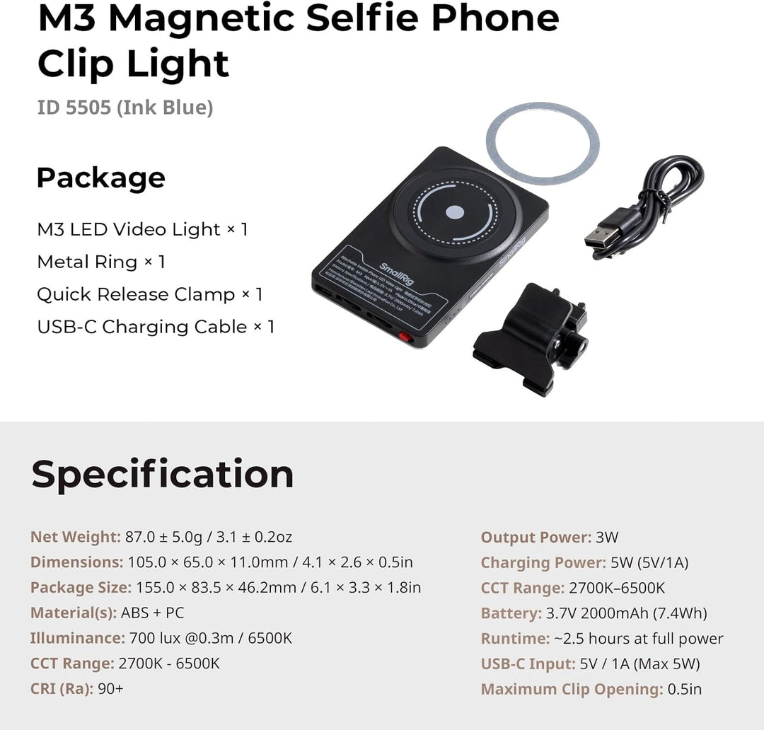 SMALLRIG M3 Magnetisches Selfie-Telefon-LED-Videolicht mit Clip, 120 LEDs 2000mAh Wiederaufladbar, 2