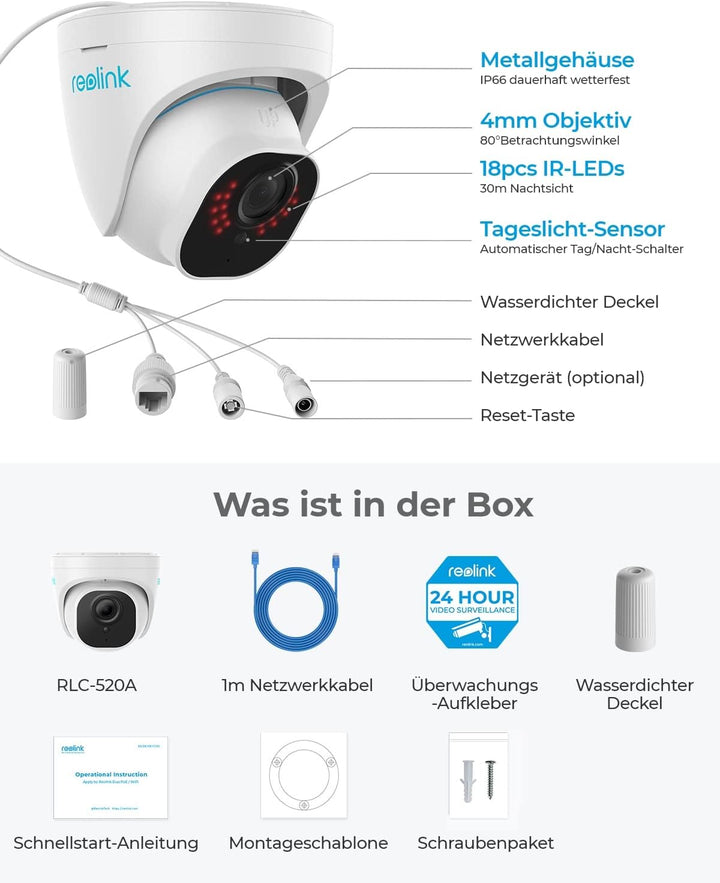 Reolink 5MP PoE IP Kamera Outdoor mit Personen-/Autoerkennung, Überwachungskamera Aussen mit Zeitraf