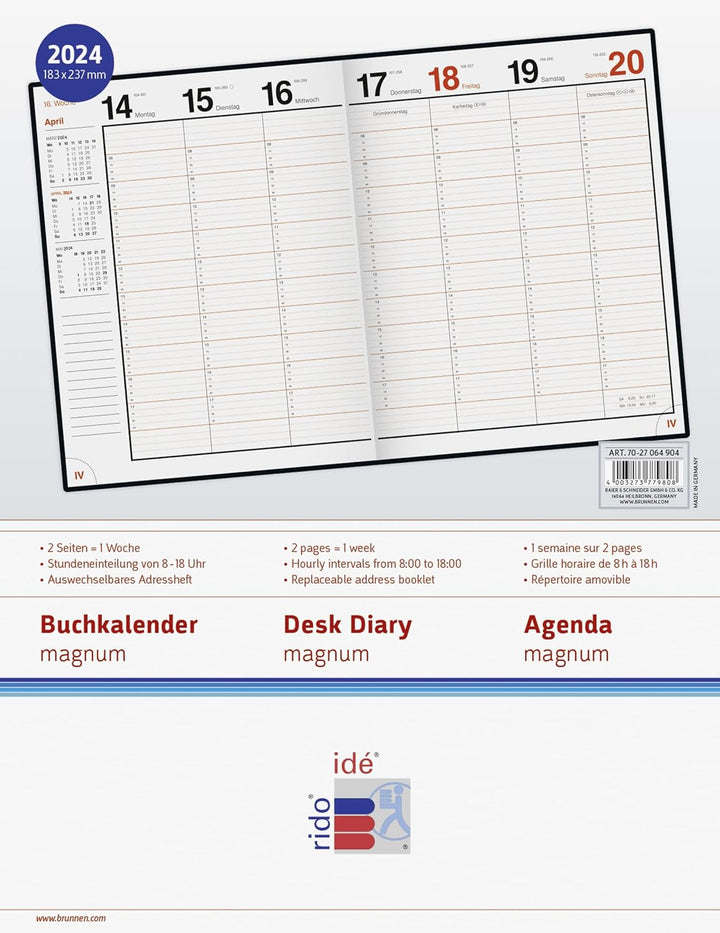 rido/idé Wochenkalender Modell magnum 2024 2 Seiten = 1 Woche Blattgrösse 18,3 x 24 cm schwarz