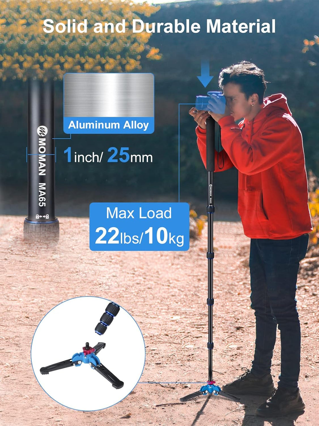Einbeinstativ, Moman MA65 Kamera Stativ mit Füssen Aluminium Reisestativ DSLR Monopod Kompakter Trag