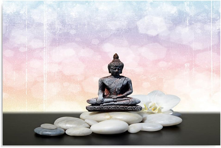 Feeby Frames, Leinwandbild, Bilder, Wand Bild, Wandbilder, Kunstdruck 50x70cm, BUDDHA, KULTUR, STEIN