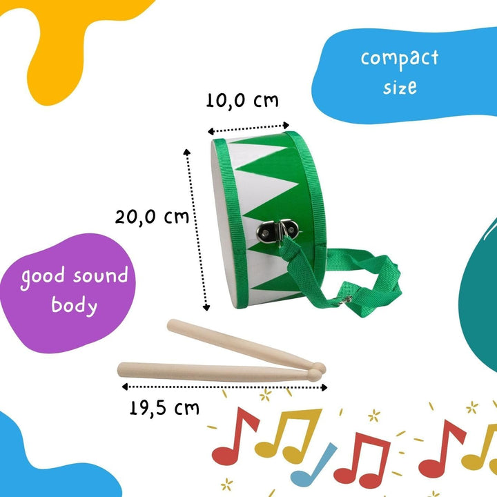 Trommel für Kinder grün-Weiss Musikinstrument aus Holz mit Trageriemen und Sticks D: 20 cm- 3845g