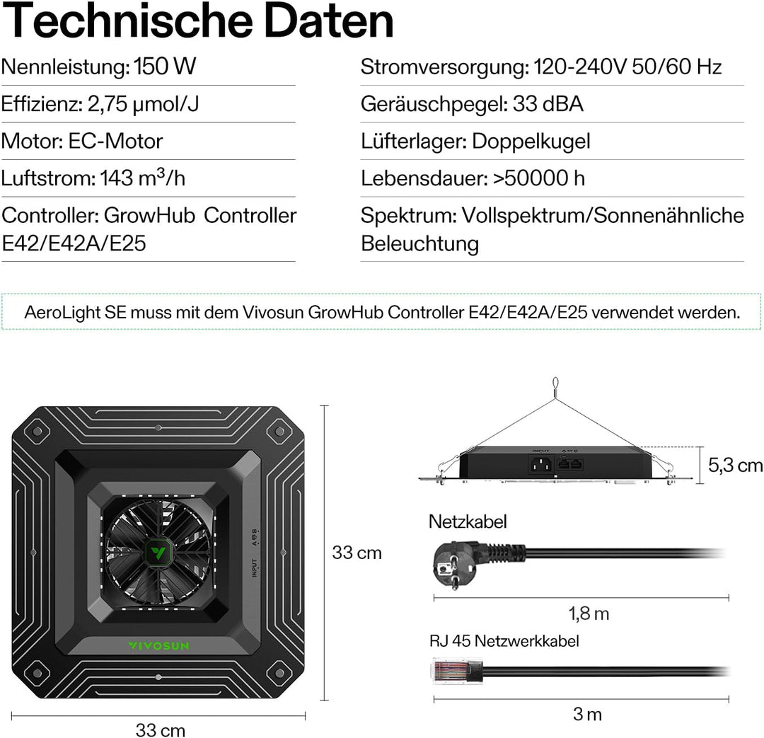 VIVOSUN AeroLight A150SE, LED Grow Lampe 150W mit Integriertem Zirkulationsventilator, Pflanzenlampe
