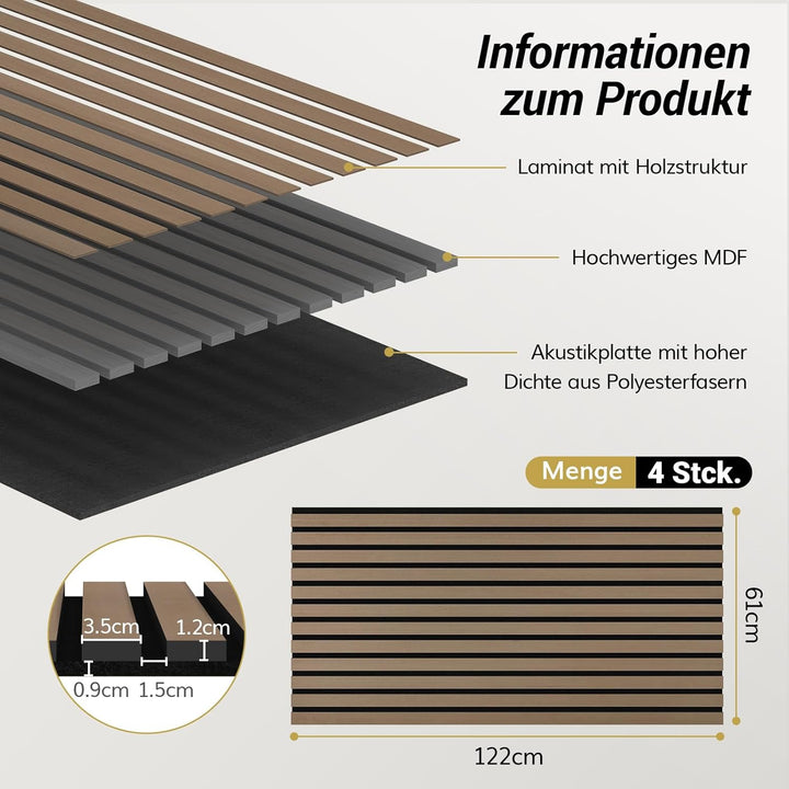 TONOR Akustikpaneele HOLZ Selbstklebend 2,976m²- 4 Stück je 122 x 61 x 2,1 cm, 3D Holzpaneele Wand L