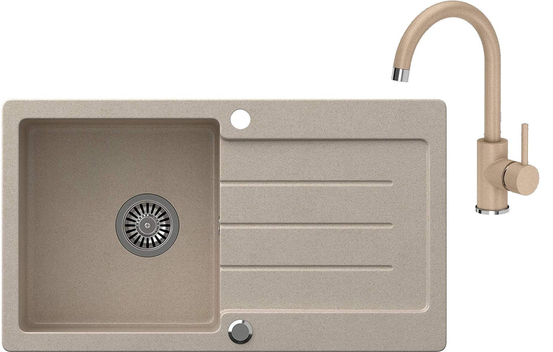 VBChome Spülbecken Beige 77 x 44 cm Granit Einzelbecken Einbauspüle gesprenkelt reversibel Verbundsp