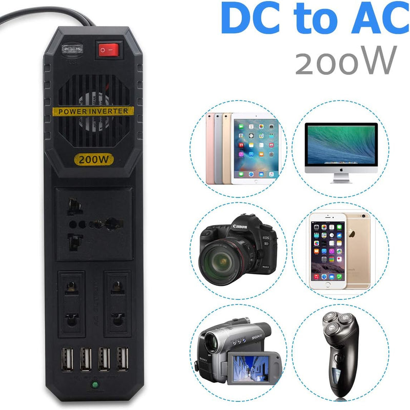 Baceyong 200W Auto DC 12V zu AC 220V Wechselrichter Ladegerät Konverter 4 USB Buchse Schwarz