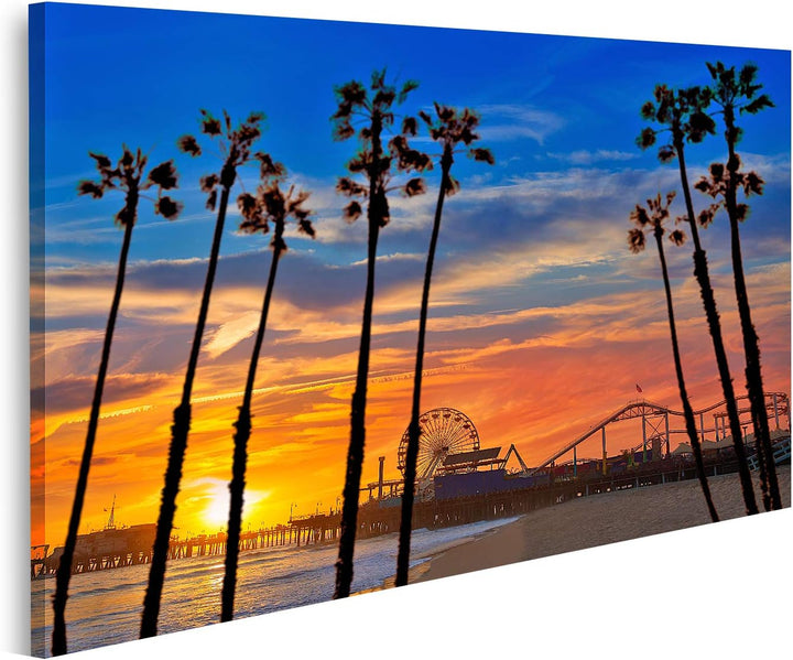 islandburner Bild auf Leinwand Santa Monica Kalifornien Sonnenuntergang Pier Fähren Rad Reflexion St