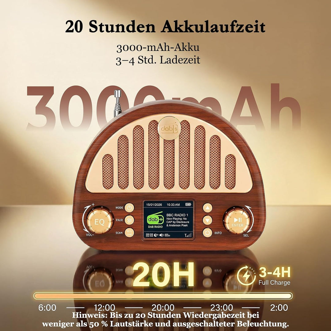ROCAM DAB+/UKW Radio, Retro Radio mit Bluetooth 5.0, 8W Full Sound Lautsprecher, 3000mAh Akku, 2" Fa