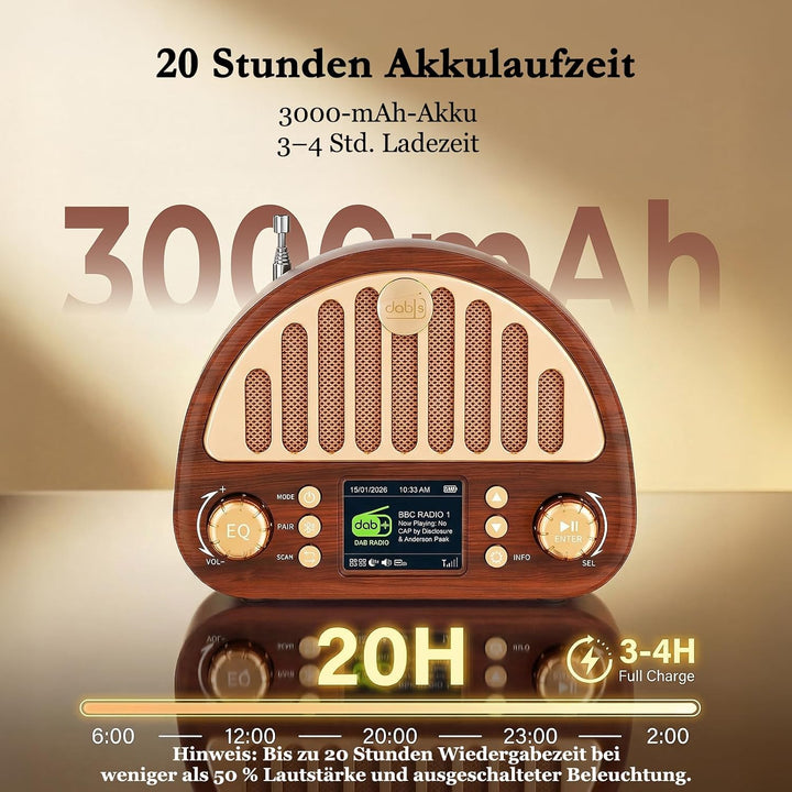 ROCAM DAB+/UKW Radio, Retro Radio mit Bluetooth 5.0, 8W Full Sound Lautsprecher, 3000mAh Akku, 2" Fa