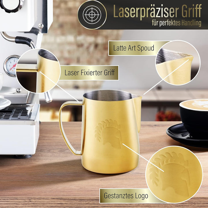 Barista Legends® Milchkännchen Edelstahl [600ml] ARES Gold - Barista Milchkännchen zum Milchaufschäu