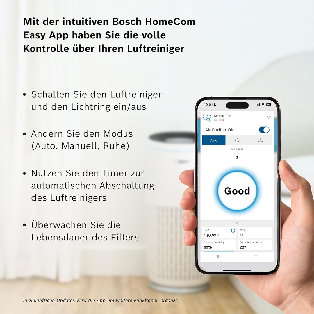 Bosch Air 6000i App-gesteuerter Luftreiniger - Für Räume bis zu 125 m² - Entfernt Schadstoffe - Mit