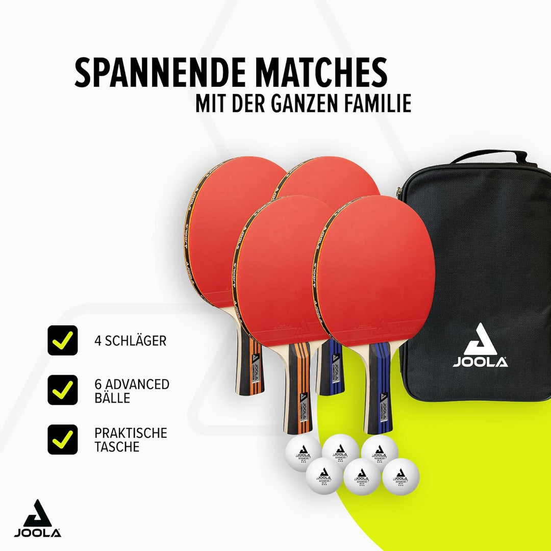 JOOLA Tischtennis-Set Family, Tischtennis-Set mit 4 Tischtennisschlägern, Tischtennisbällen und Trag