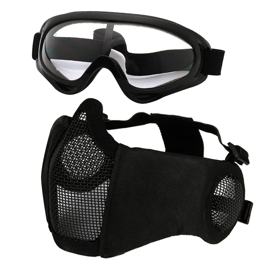 Hodeacc Airsoft-Maske und Brille, Halbgesichtsmaske aus Metallgeflecht, mit Ohrenschutz, Anti-UV-Air