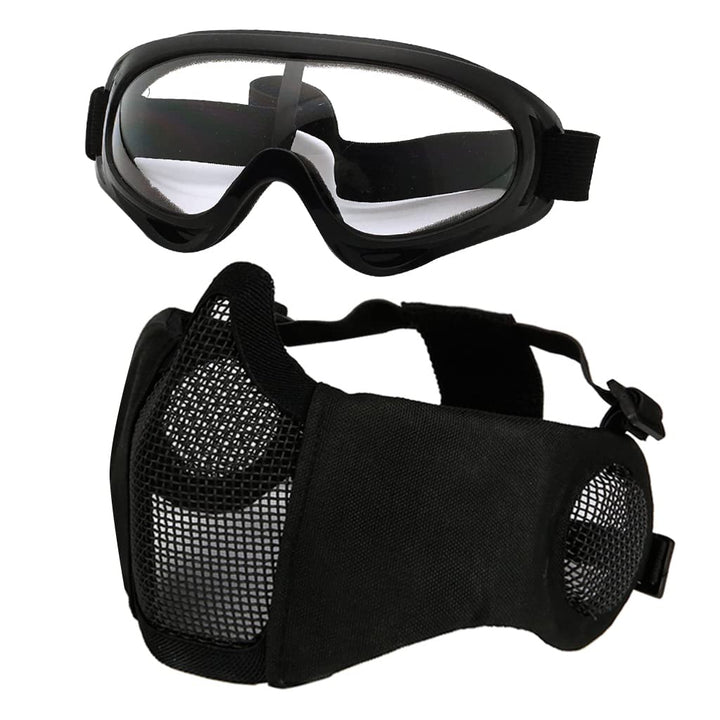 Hodeacc Airsoft-Maske und Brille, Halbgesichtsmaske aus Metallgeflecht, mit Ohrenschutz, Anti-UV-Air