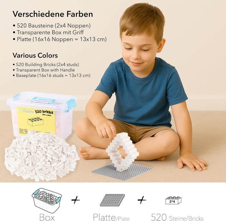 Bausteine - 520 Stück, Kompatibel zu Allen Anderen Herstellern - Inklusive Box und Grundplatte, Mehr