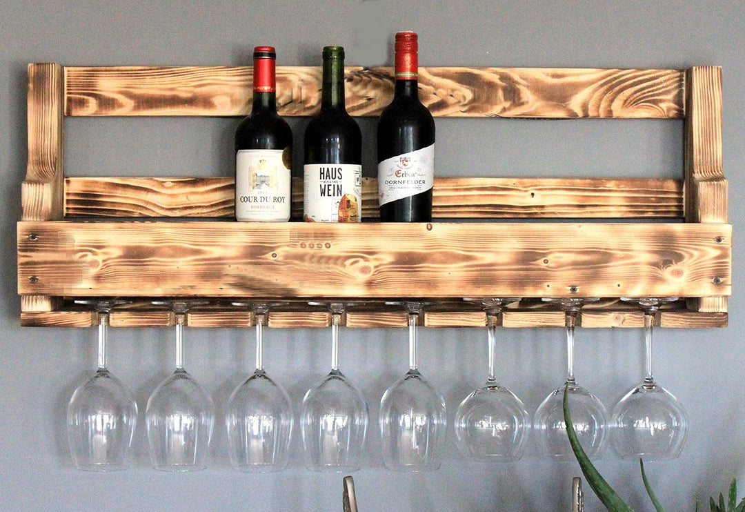 Weinregal aus Holz für die Wand - mit Gläserhalter - Geflammt - fertig montiert - Regal für Weinflas