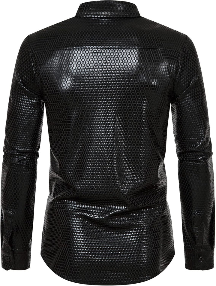 Herren Kleid Hemd Rhombus Bronzing Print Langarm Button Down Shirts 70er Jahre Disco Party Kostüm S
