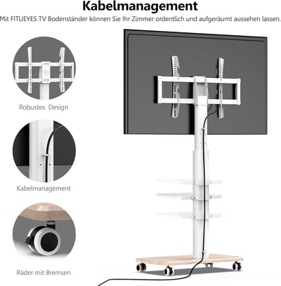 FITUEYES TV Ständer Rollbar TV Rollwagen mit Holzablage Fernsehständer für 37 43 50 55 65 70 Zoll, T